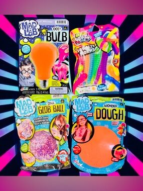 4pc Squishy Sensory Fidget Toy Bundle | Squishy Ball, Wonder Dough, Bulb & Worms